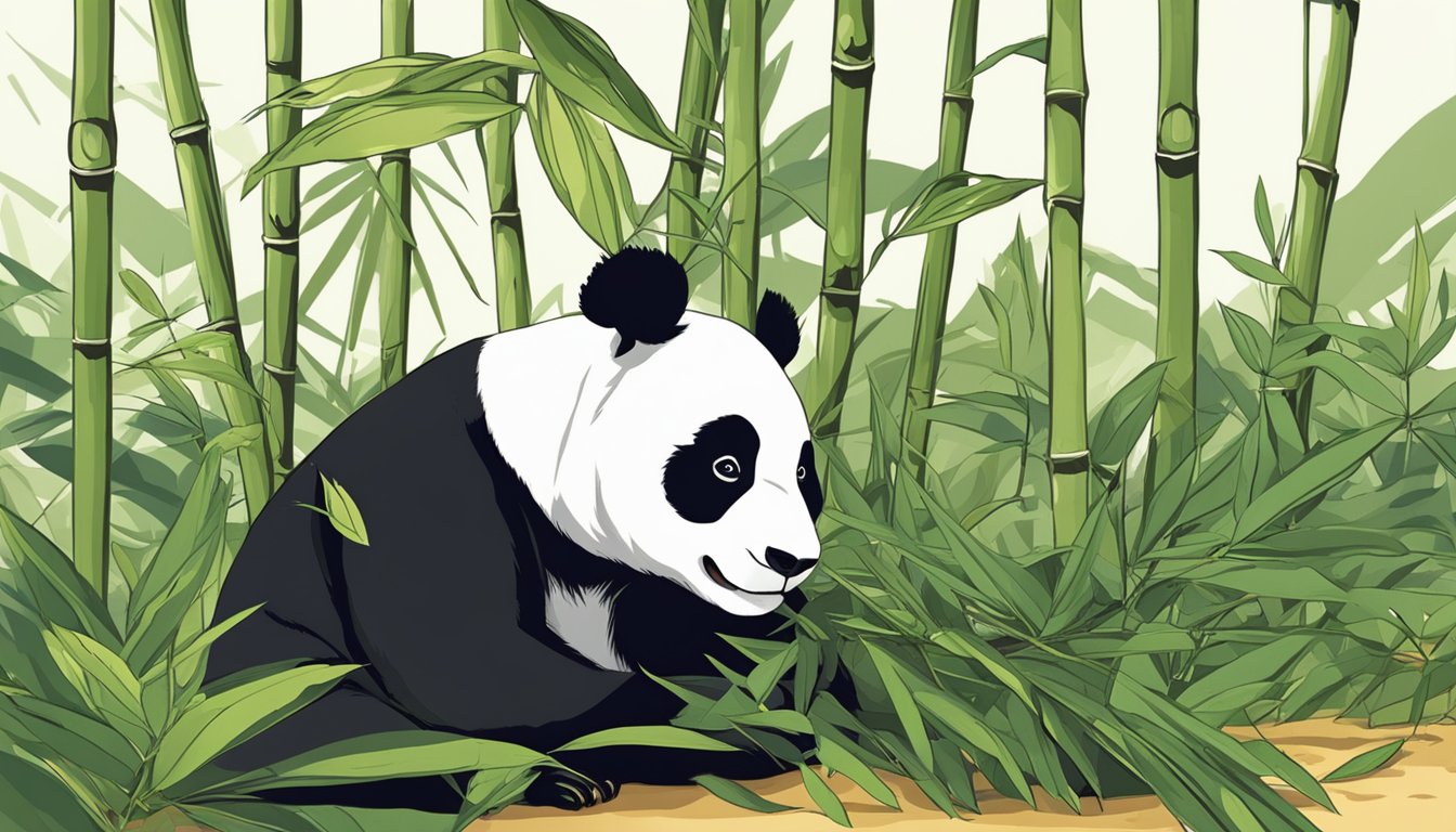 A panda cautiously nibbles on bamboo leaves, while nearby, a warning sign depicts a crossed-out bamboo leaf