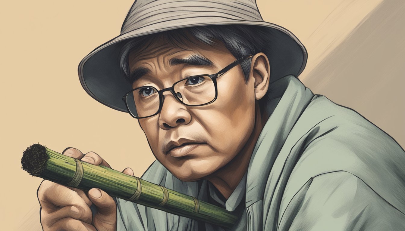 A person holding a stick of bamboo charcoal and looking at it with a questioning expression