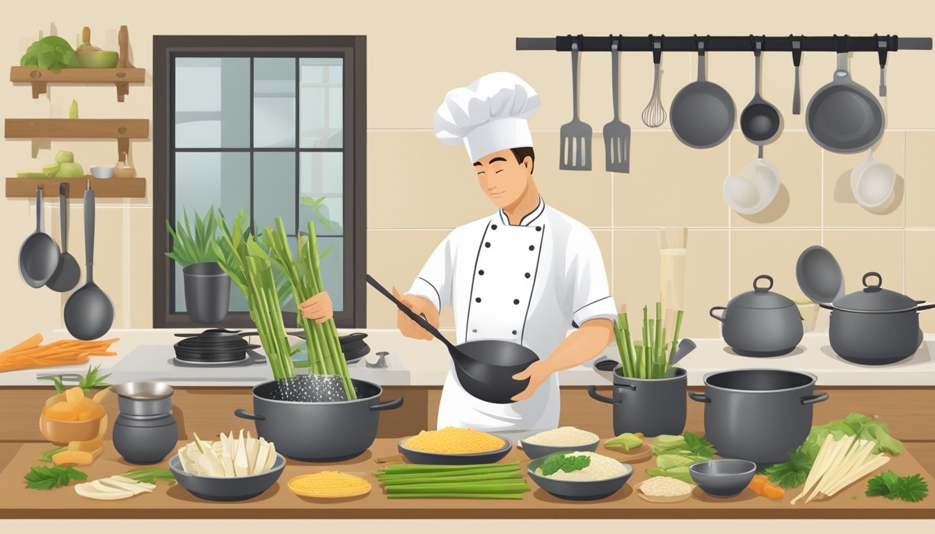 A chef preparing bamboo shoots in a kitchen, surrounded by various cooking utensils and ingredients