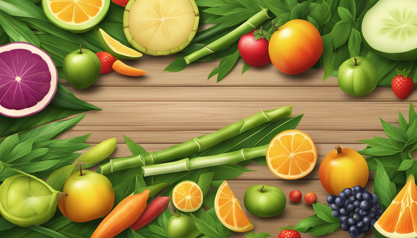 Fresh bamboo leaves scattered on a wooden table, surrounded by a variety of colorful fruits and vegetables