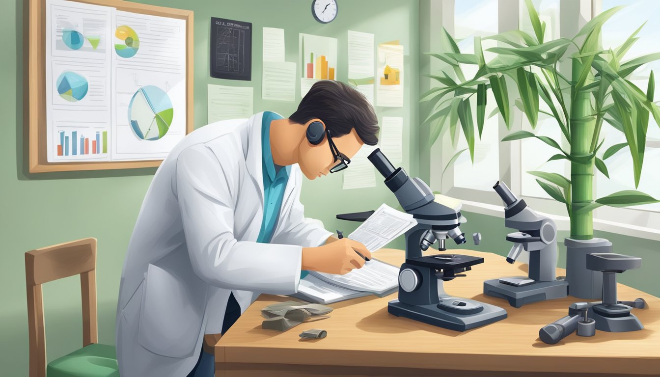 A scientist examines bamboo charcoal under a microscope, surrounded by safety equipment and regulatory documents