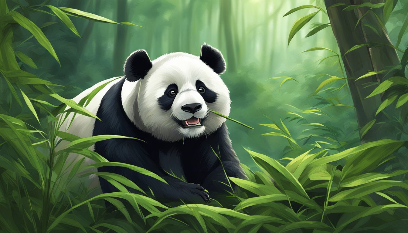 A panda munches on bamboo leaves in a lush forest clearing