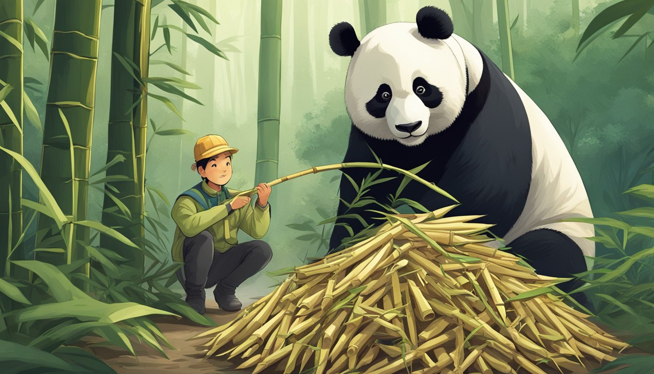 A panda cautiously sniffs a pile of freshly harvested bamboo shoots, while a concerned zookeeper looks on from a safe distance