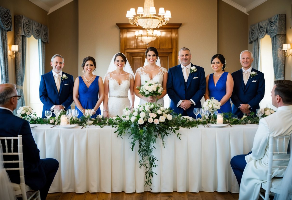 At a wedding, the traditional top table is arranged with the bride and groom in the center, flanked by their respective parents and the best man and maid of honor