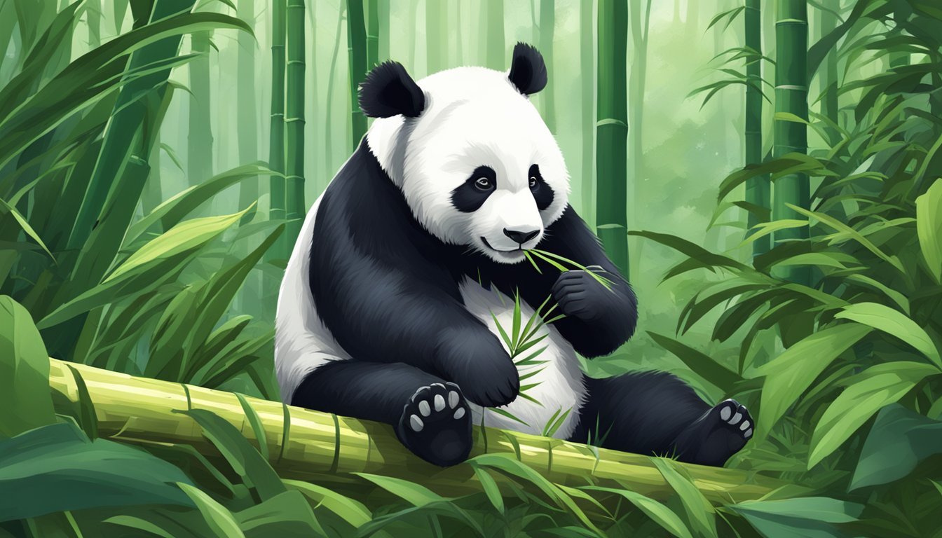 A panda peacefully munching on bamboo leaves in a lush forest clearing