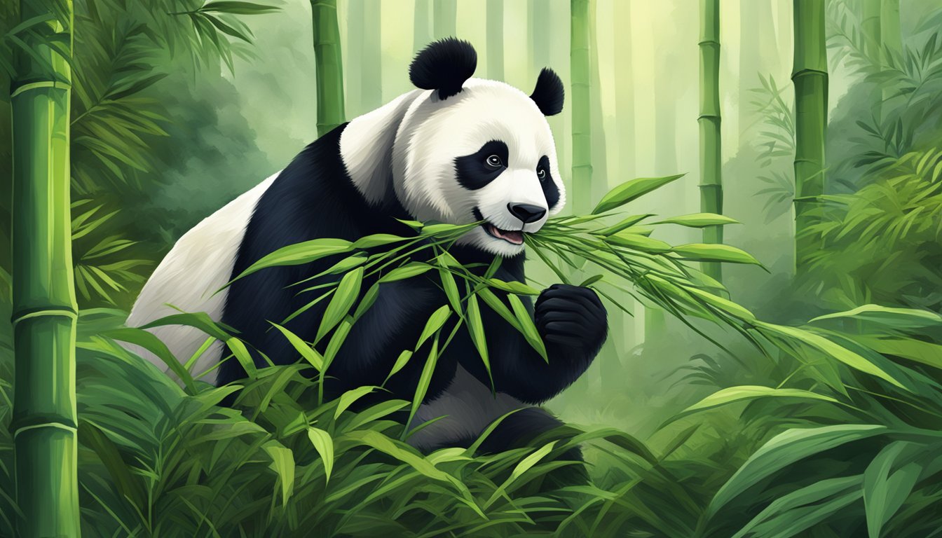 A panda cautiously sniffs a cluster of bamboo shoots in a lush forest clearing