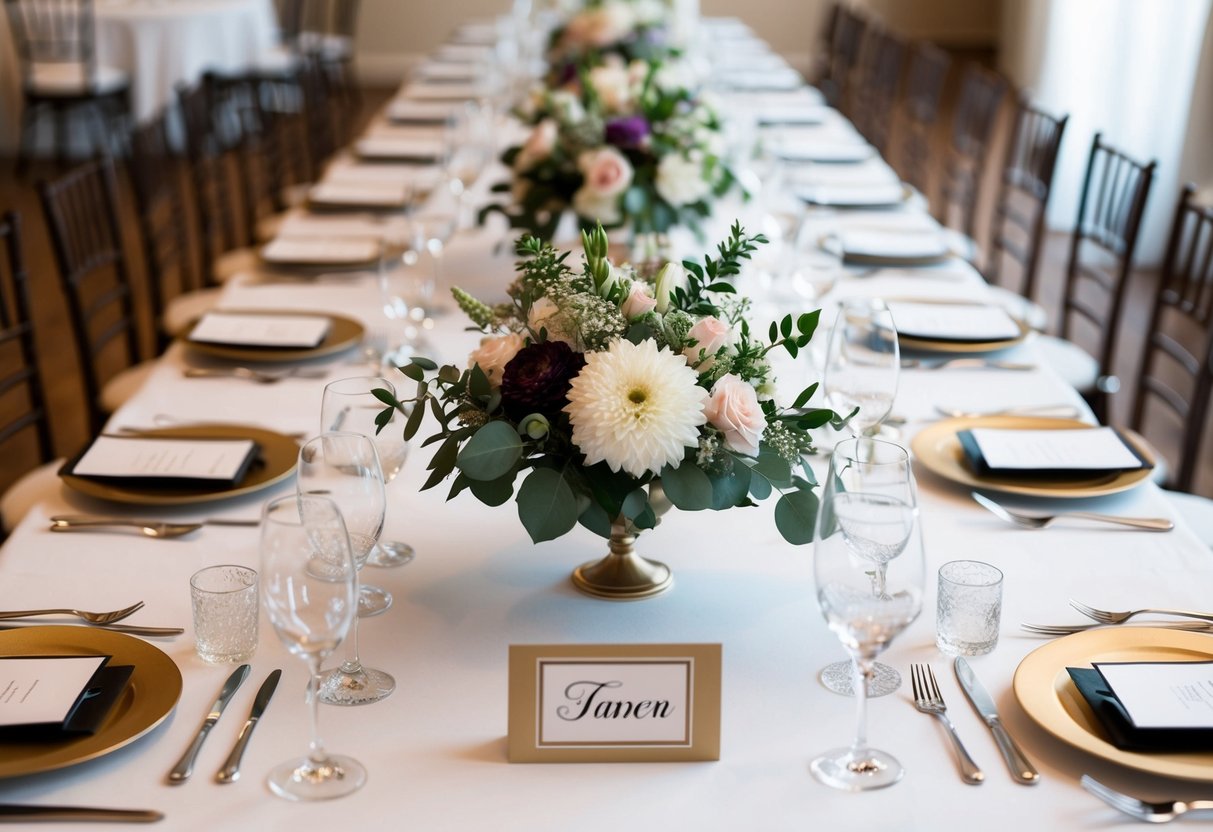 A long top table with elegant place settings, floral centerpieces, and name cards in front of each seat