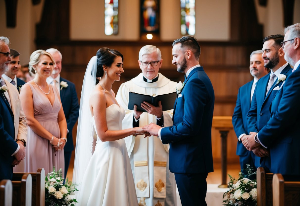 A bride and groom stand at the altar, surrounded by guests. A minister officiates the ceremony as the couple exchanges vows and rings