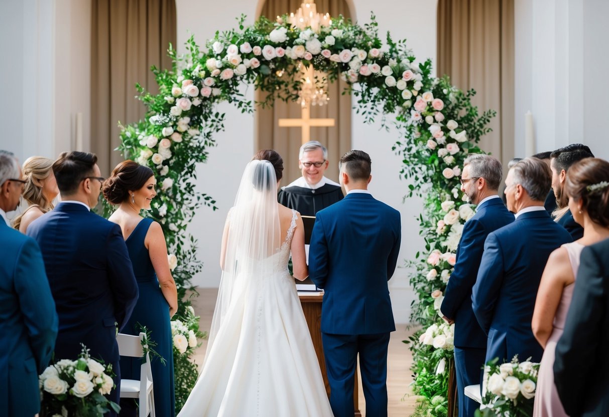 A bride and groom standing at the altar, surrounded by guests. Officiant leading the ceremony. Decorated arch and floral arrangements in the background