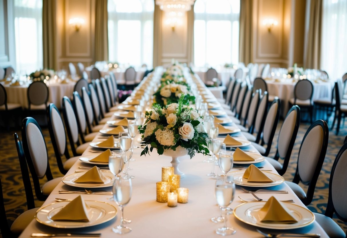 A long banquet table set with elegant place settings and floral centerpieces, with designated seats for the bride, groom, and their respective families