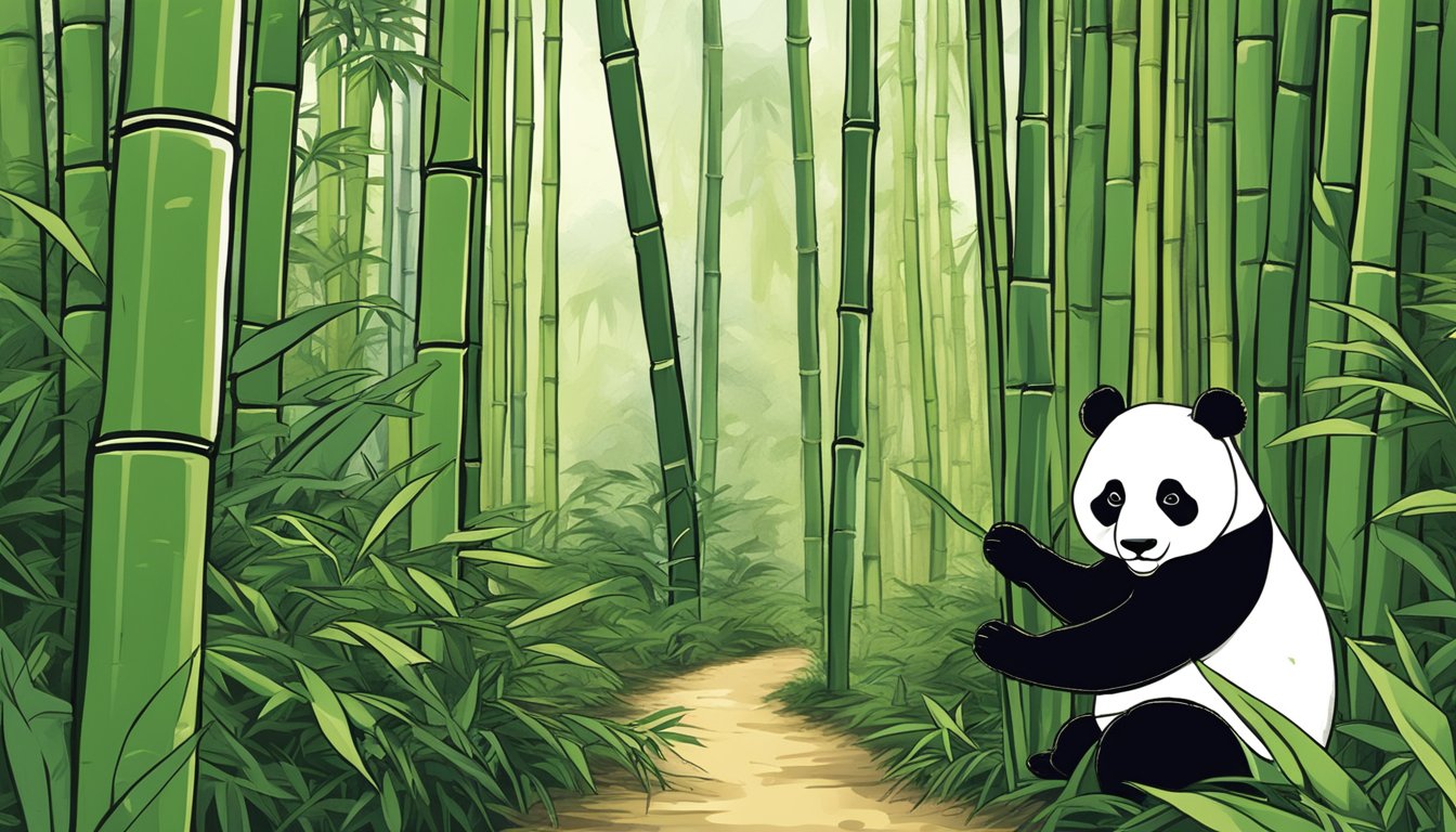 Lush green bamboo forest with a panda munching on bamboo leaves, surrounded by signs of caution and confusion