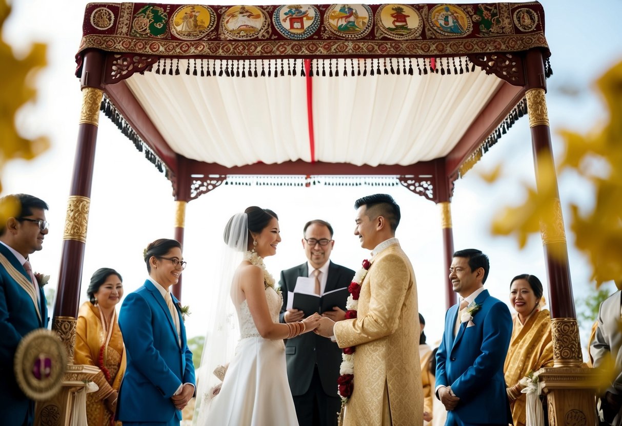 A bride and groom exchange vows under a traditional wedding canopy, surrounded by symbols of their cultural and religious influences