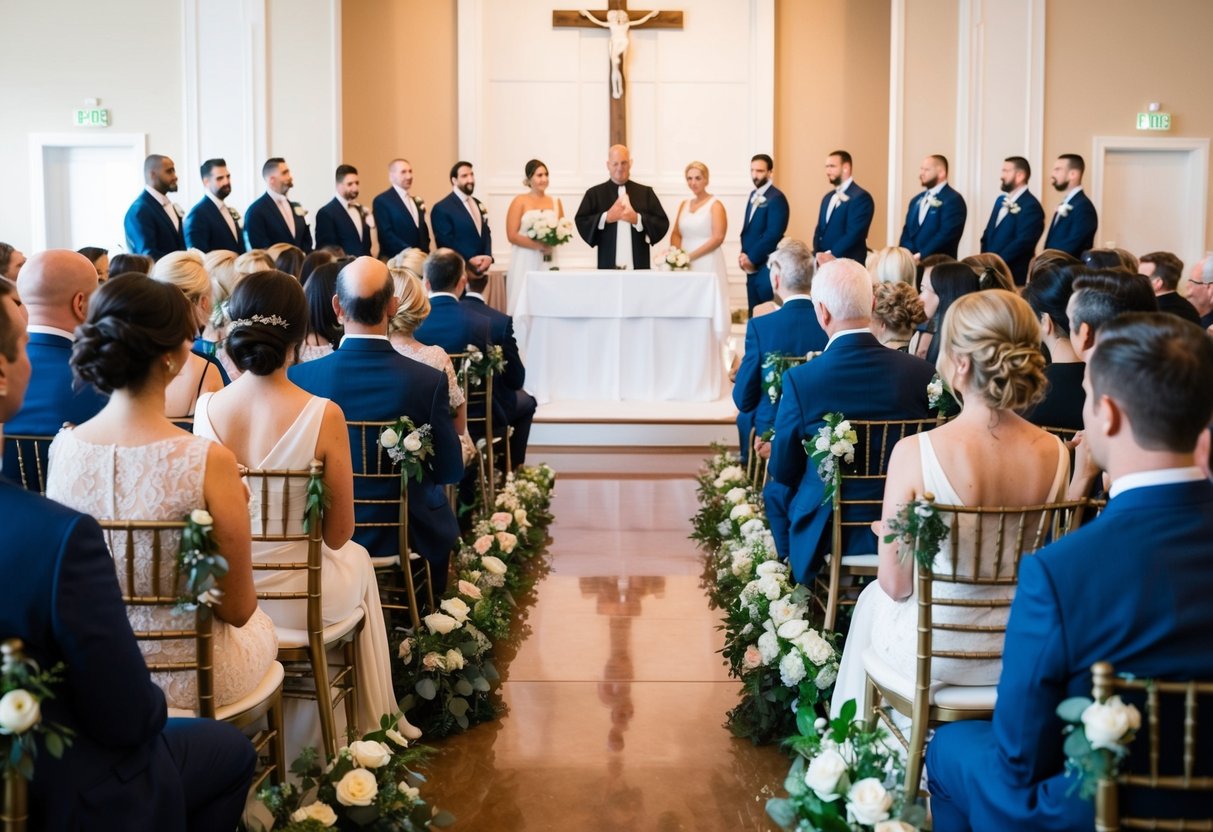 Family and friends seated in rows facing the altar. Groom's side on the right, bride's on the left. Officiant at the center