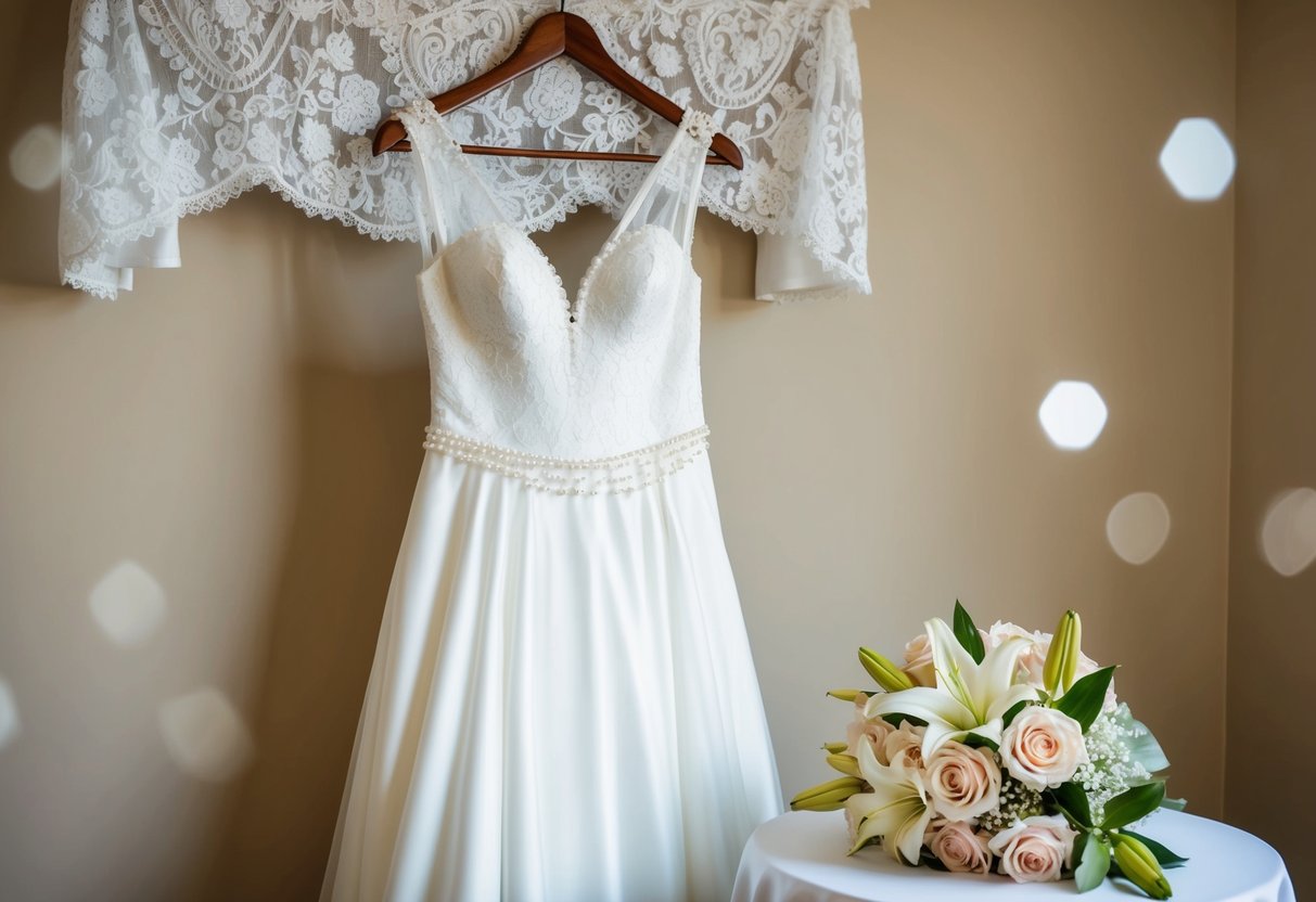 A white wedding dress hangs on a wooden hanger, surrounded by delicate lace and pearl details. A bouquet of roses and lilies sits on a nearby table, symbolizing love and purity
