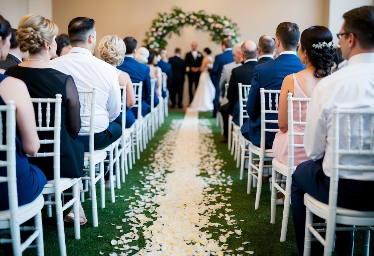 Guests seated in alternating rows of chairs facing the aisle. Aisle lined with flower petals leading to an arch at the front