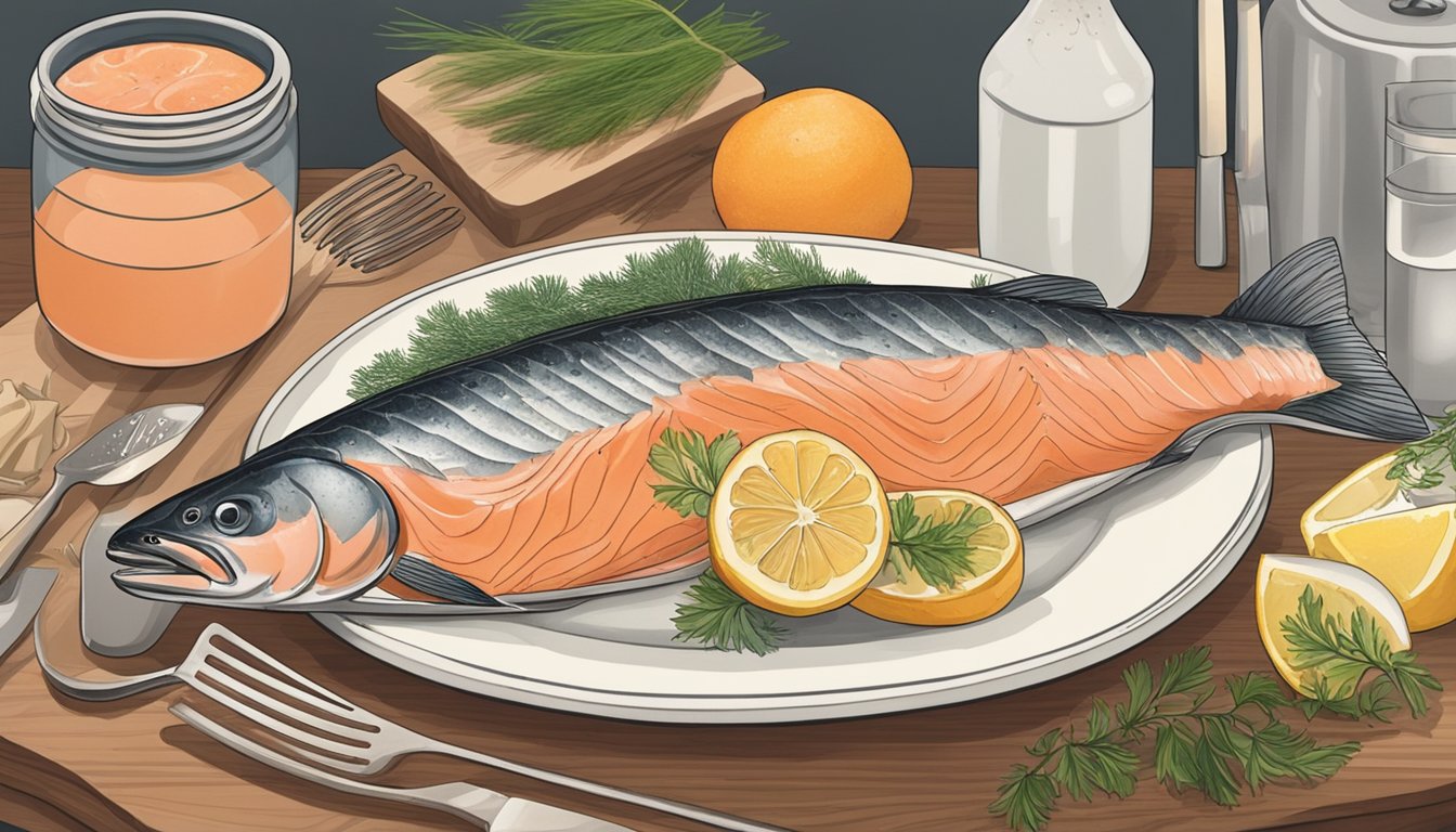 A plate of salmon sits on a kitchen counter, surrounded by ingredients and utensils. The salmon appears slightly discolored and has a faint fishy smell