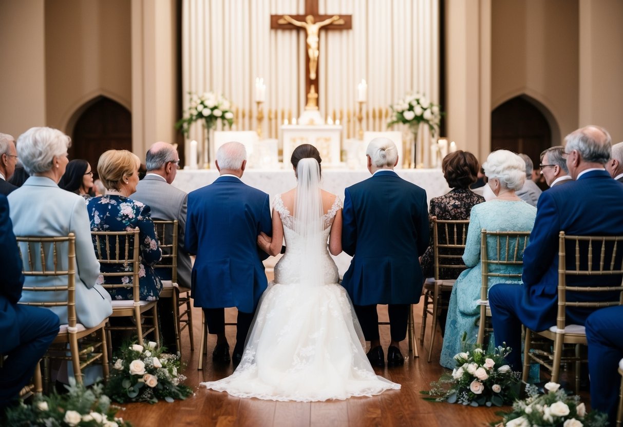 Parents and grandparents sit in the front row, facing the altar, with parents seated closer to the center and grandparents flanking them on either side
