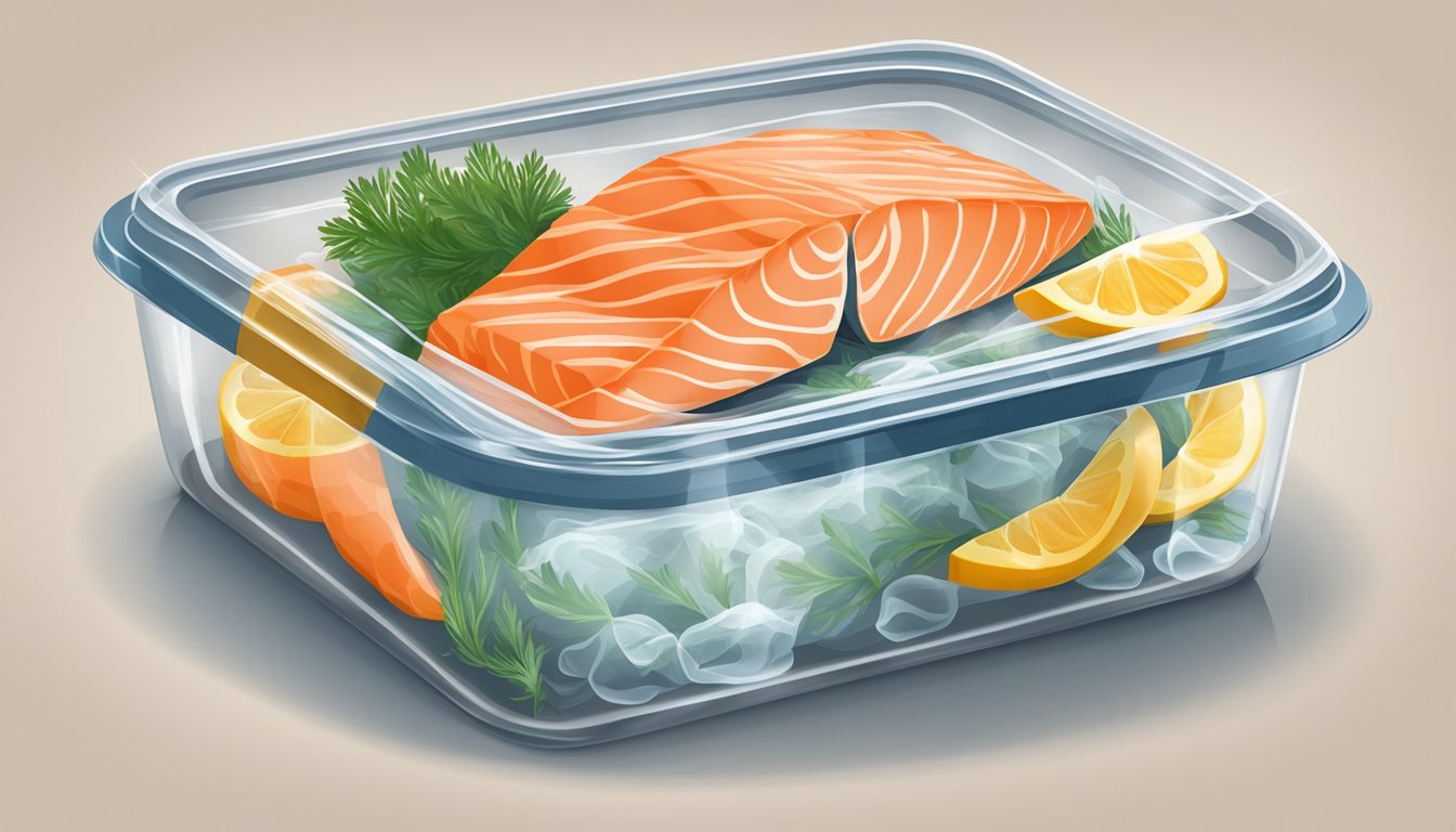 A container of cooked salmon is placed in the refrigerator, sealed with plastic wrap