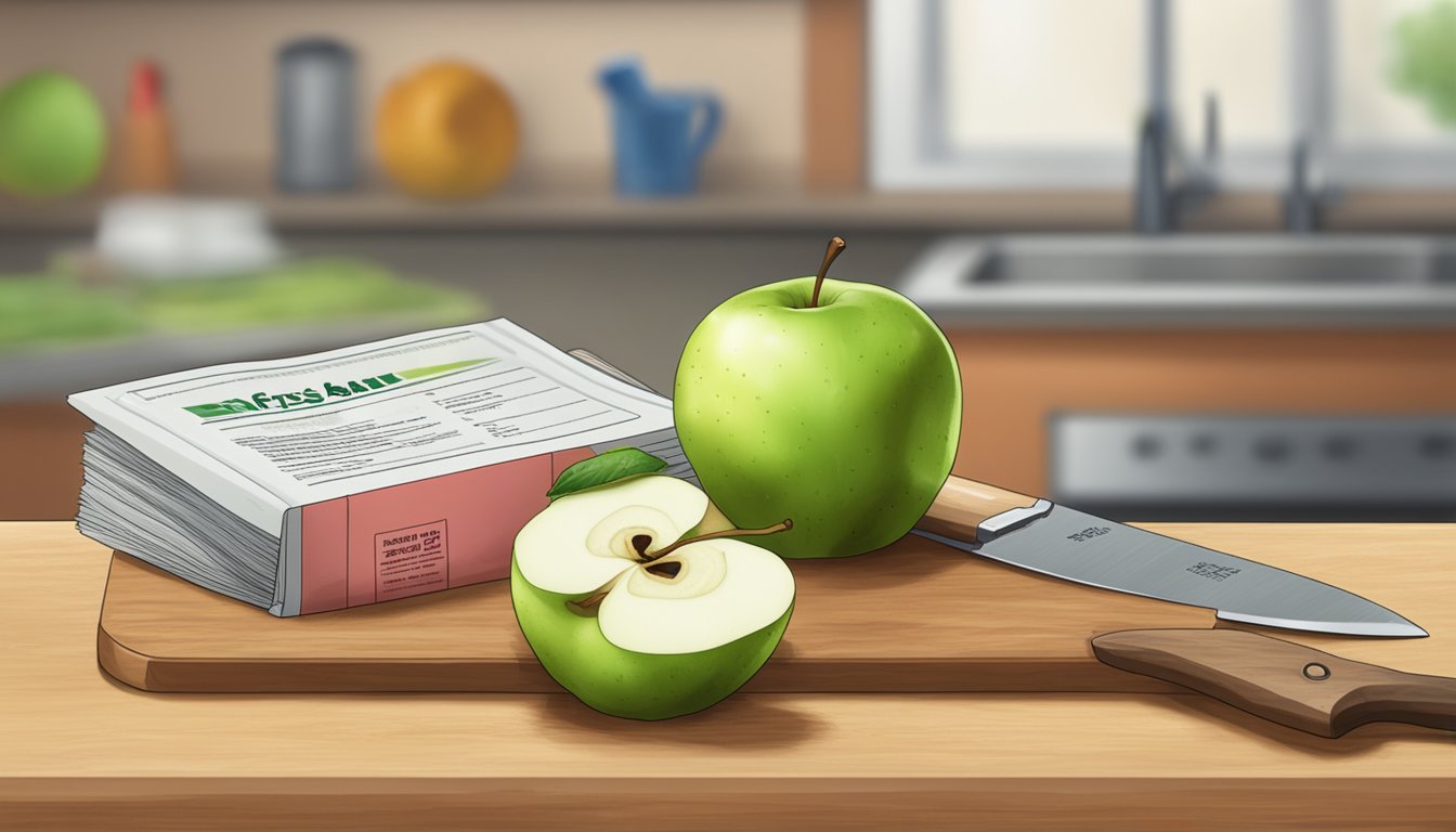 An apple with a moldy core sits on a cutting board, next to a knife and a Food Safety Authority pamphlet