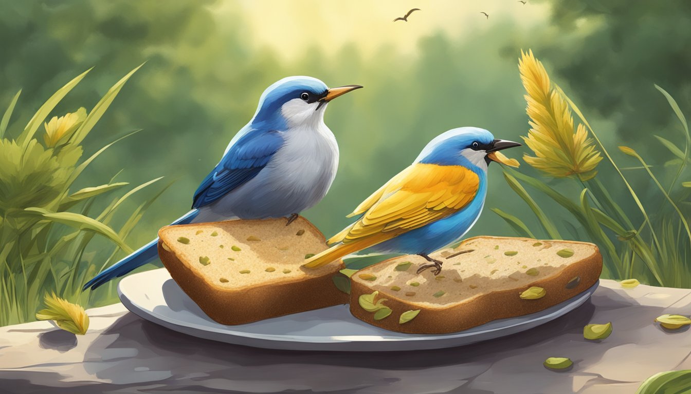 Birds feeding on moldy bread, with one bird pecking at the bread while another sits nearby. The scene is set in a natural environment with trees and grass in the background