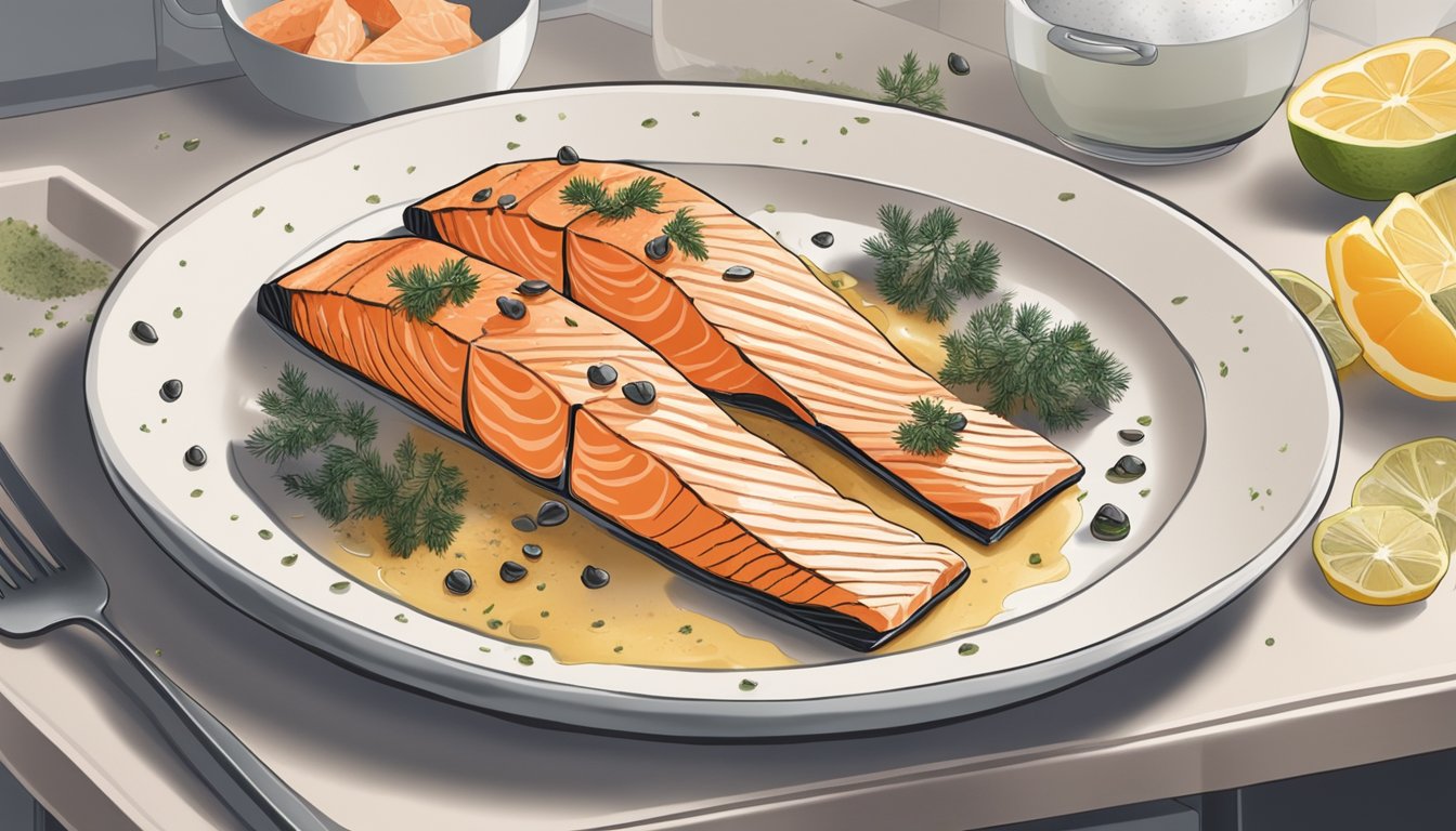 A plate of cooked salmon sits on a kitchen counter for 5 days, surrounded by flies and mold