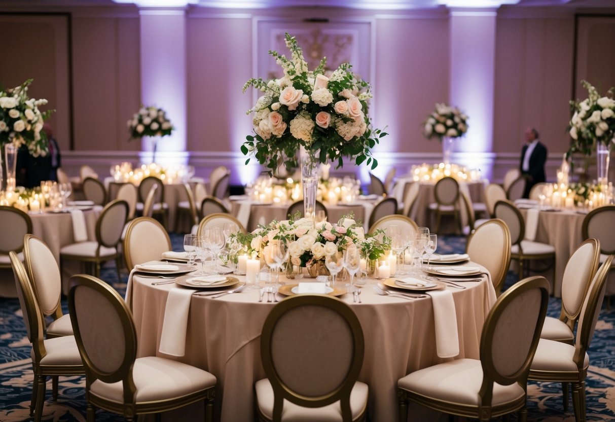 A grand table adorned with flowers and candles, set with elegant place settings and surrounded by opulent chairs, commands attention at the center of the reception