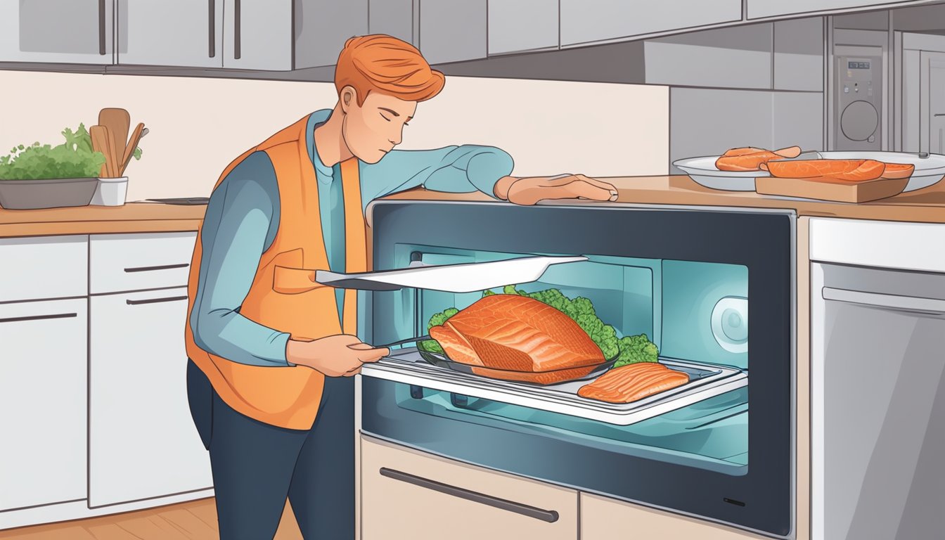 A person reheating leftover salmon in a microwave, checking the internal temperature with a food thermometer before consuming