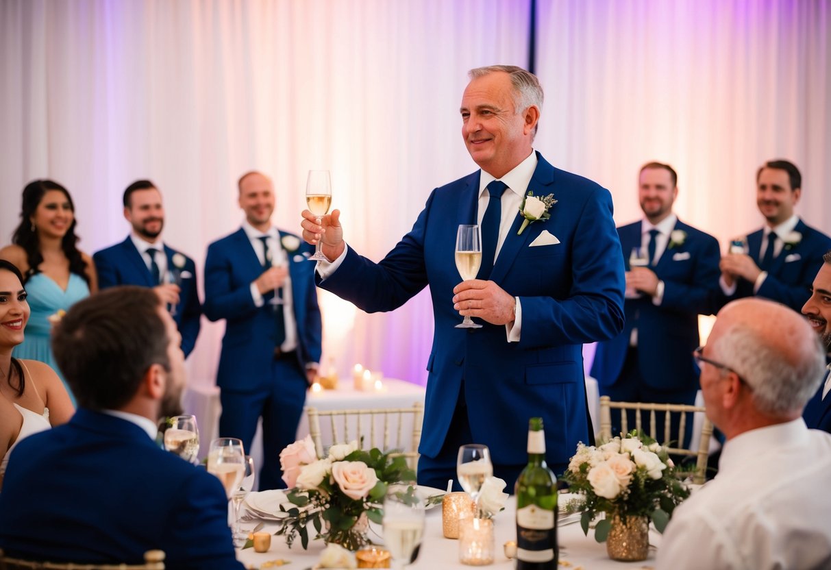 A father of the groom stands proudly, giving a toast at the wedding reception, surrounded by family and friends