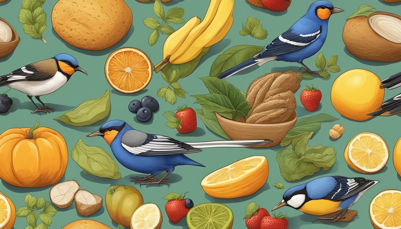 Birds peck at a variety of natural foods, such as fruits, seeds, and insects, while avoiding moldy bread on the ground