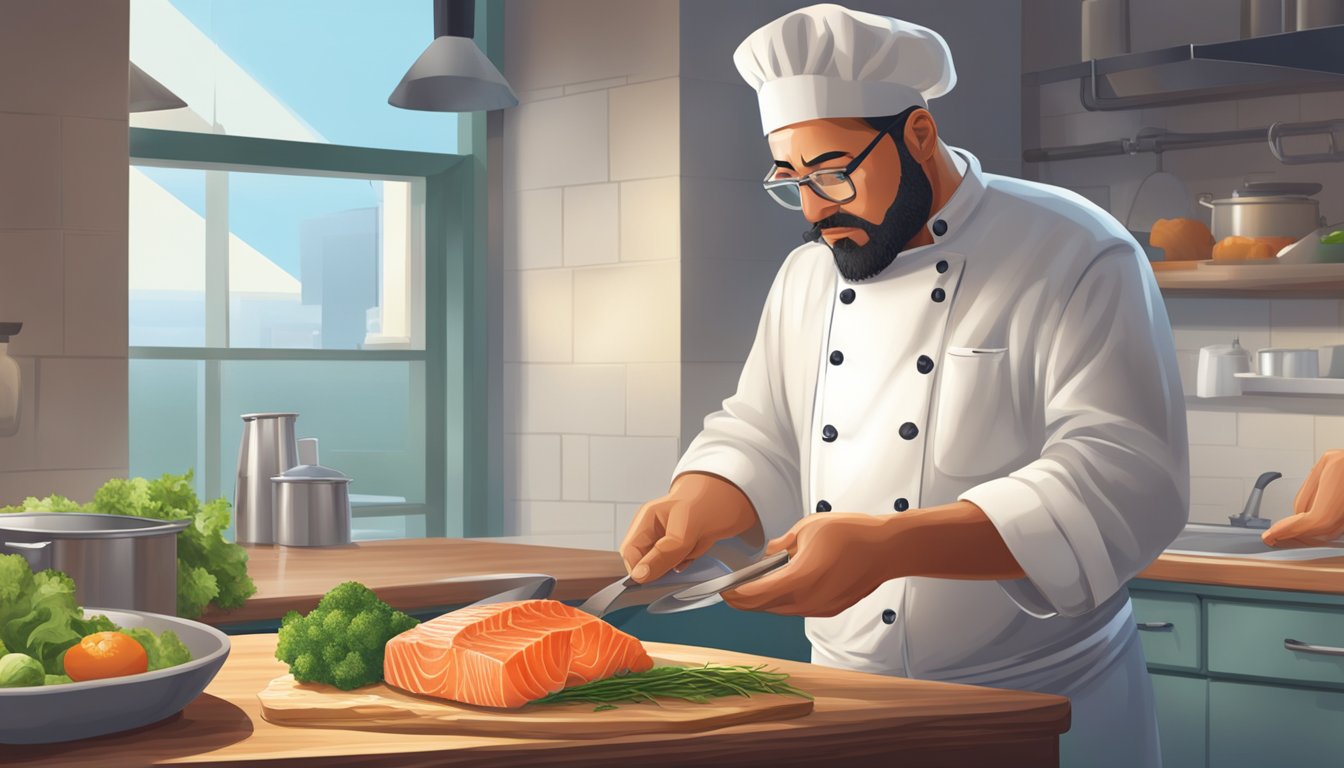 A chef carefully inspecting a piece of leftover salmon before incorporating it into a meal, checking for any signs of spoilage or off-putting odor