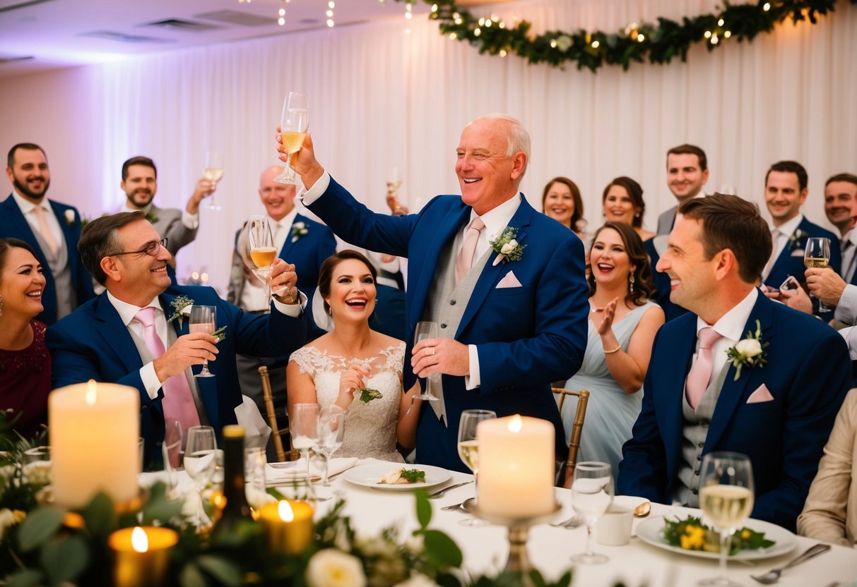 The father of the groom raises a toast at the reception, surrounded by joyful guests and festive decorations