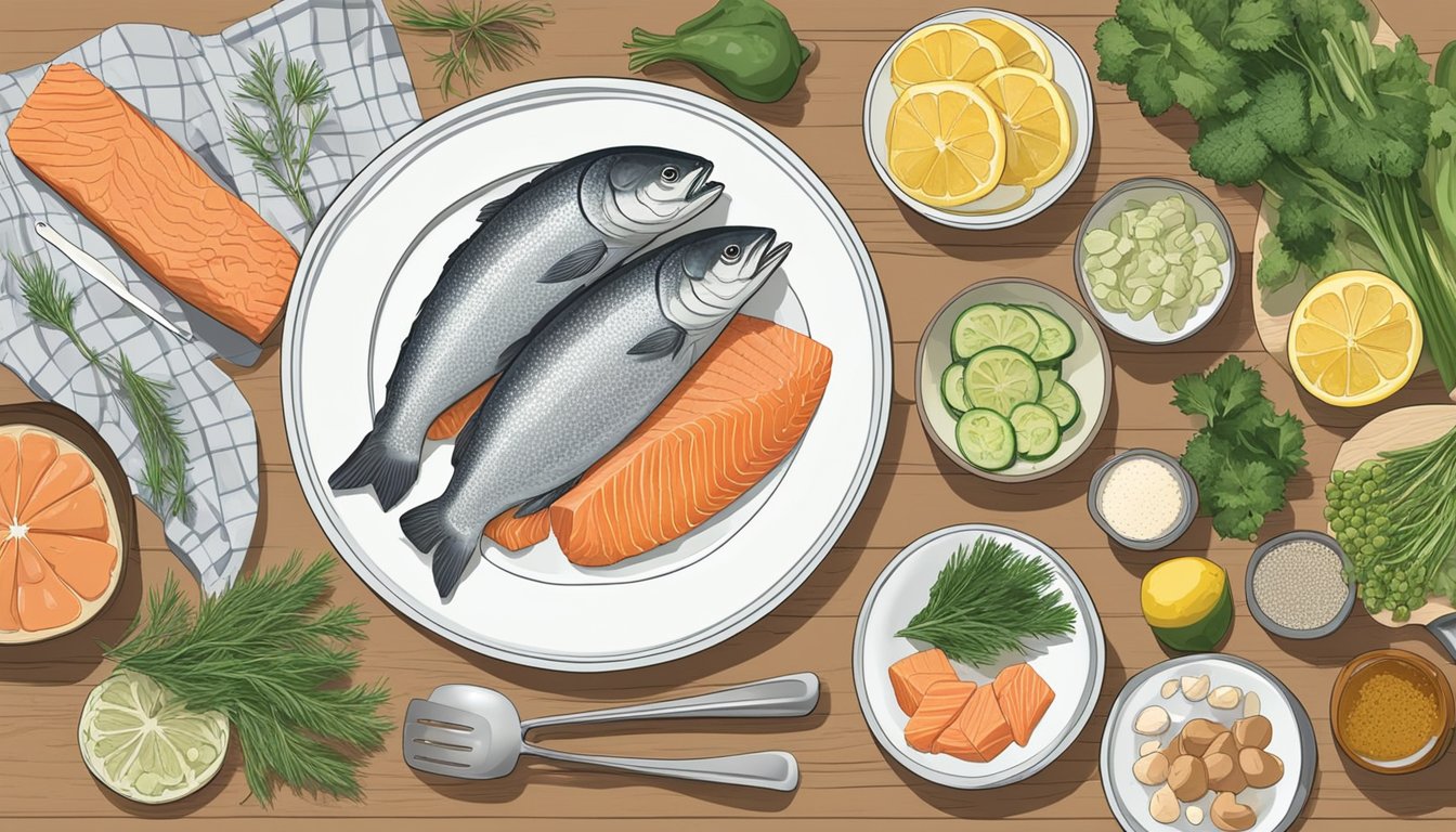 A plate of cooked salmon sits on a kitchen counter, surrounded by various ingredients and kitchen utensils, suggesting the potential for creating new dishes with the leftover fish