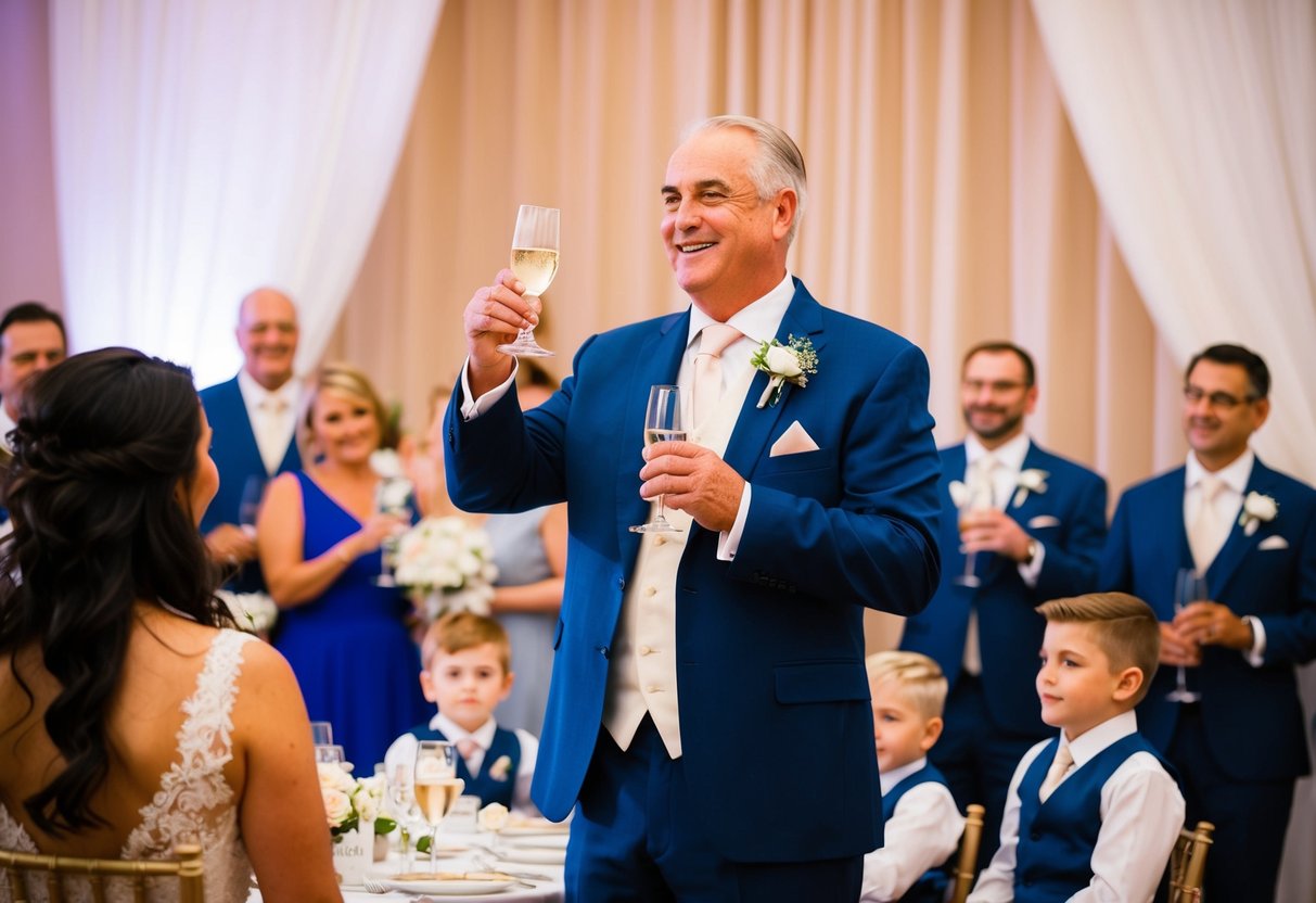The father of the groom stands proudly, giving a toast at the wedding reception, surrounded by family and friends