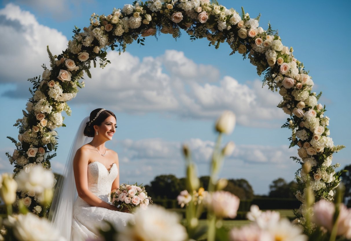 A bride sits on the left, surrounded by flowers and a decorative archway