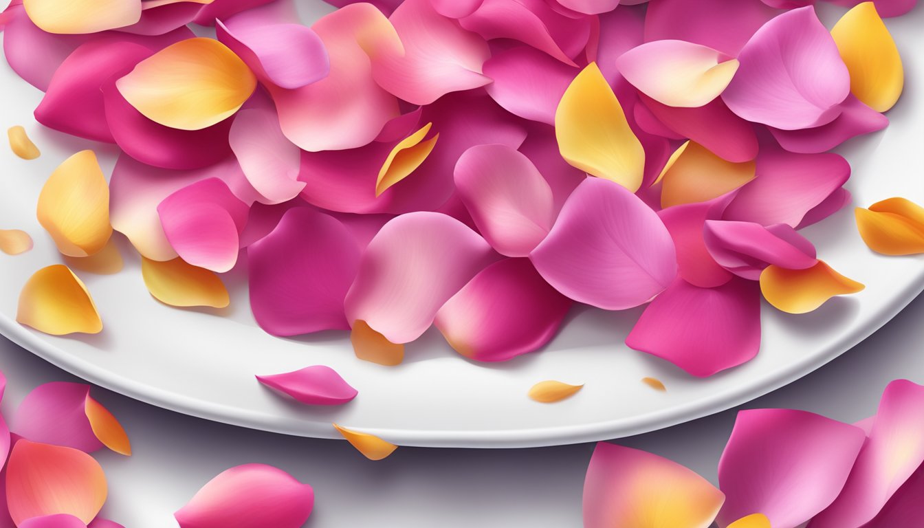 A close-up of a pile of fresh, vibrant rose petals arranged on a white plate