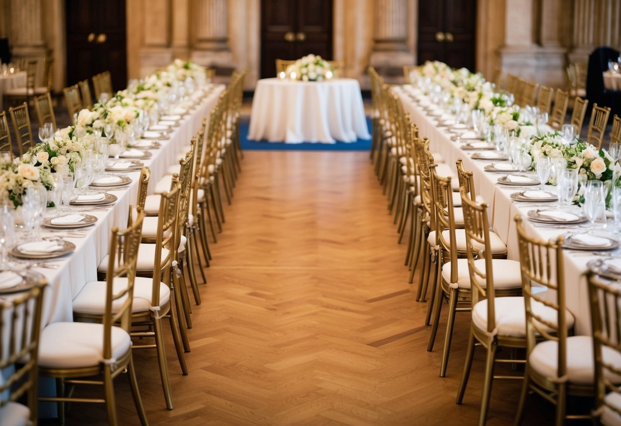 A grand banquet hall with ornate chairs arranged in a symmetrical pattern. A bridal table is placed at the center, flanked by equally elaborate tables on either side