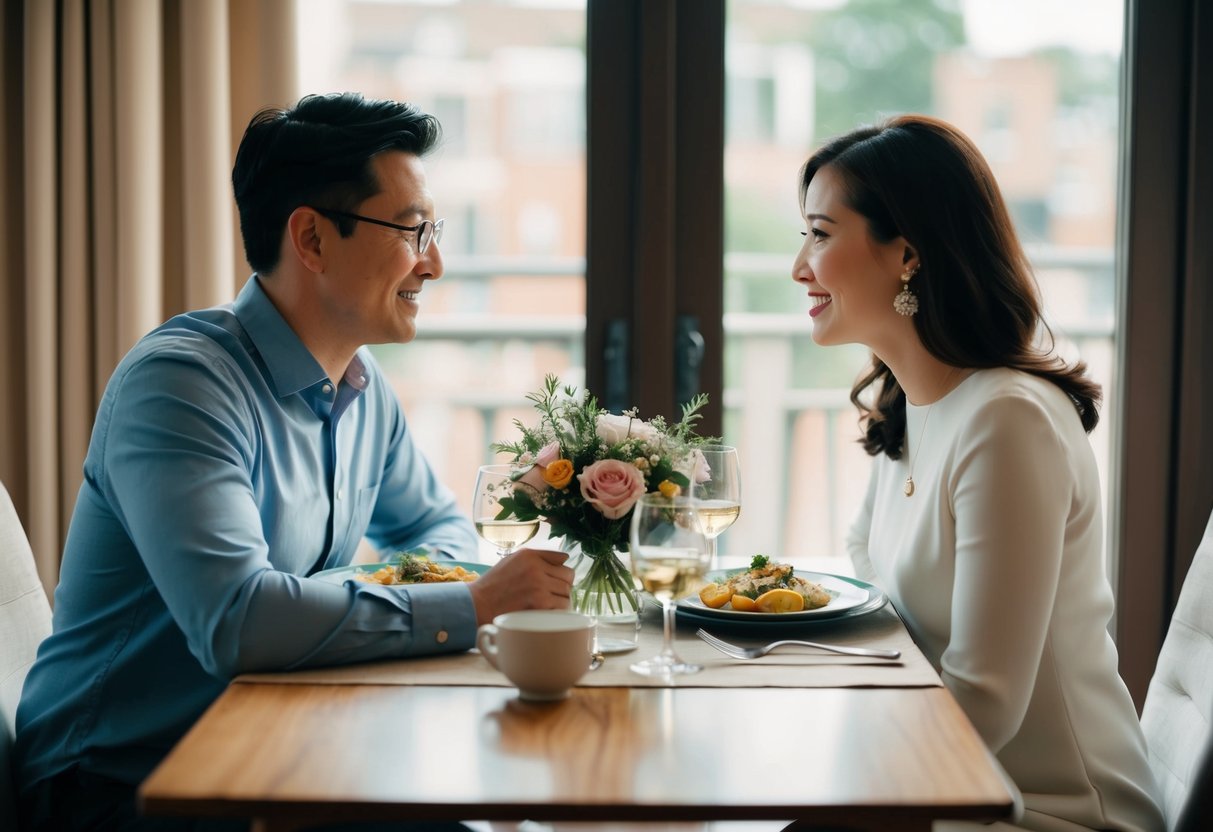 A couple sits at a dining table. The husband is on the left, and the wife is on the right, symbolizing cultural significance