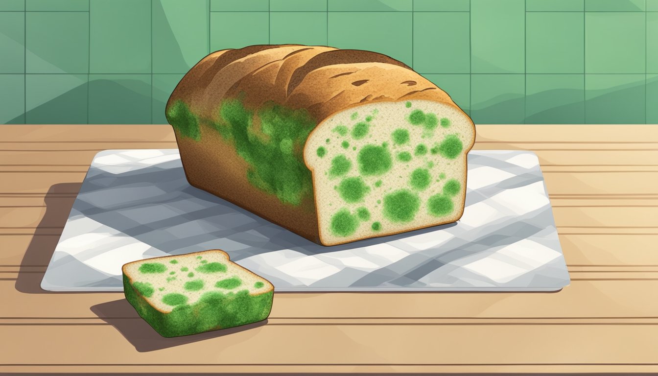 A piece of bread covered in green and white mold sits on a kitchen countertop next to a half-empty loaf