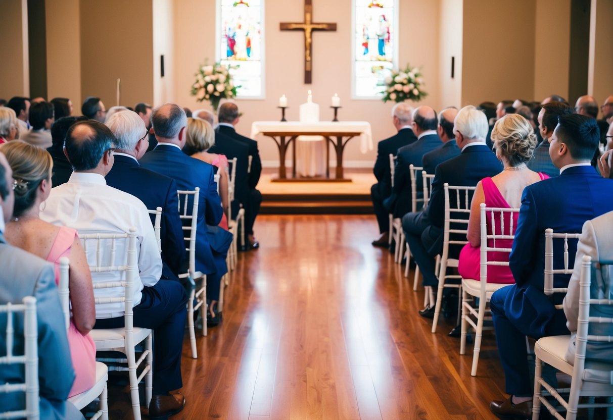 Guests seated in rows facing an altar. Aisle divides seating into left and right sections