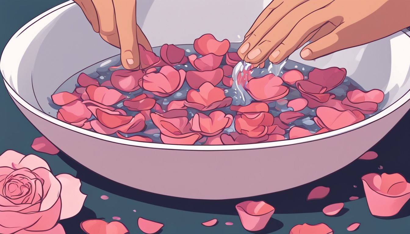 A person carefully plucks rose petals and rinses them in a bowl of water, preparing them for consumption