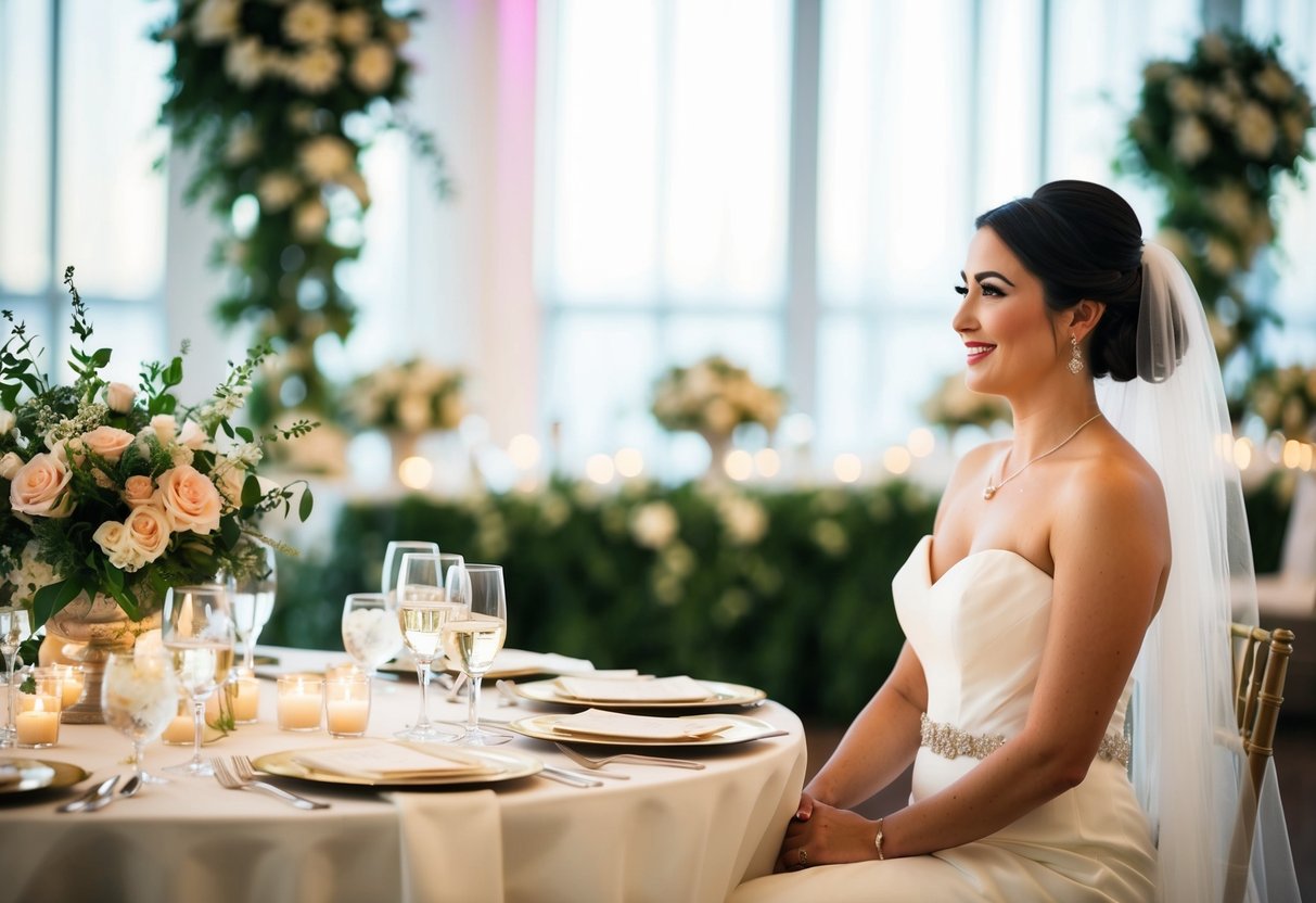 A bride sits on the right side of the reception table, with floral centerpieces and place settings arranged neatly on the table
