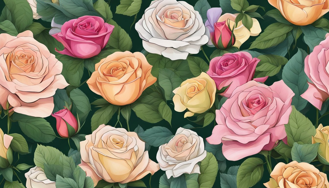 A variety of roses with different colored petals and sizes, some with thorns, surrounded by lush green foliage