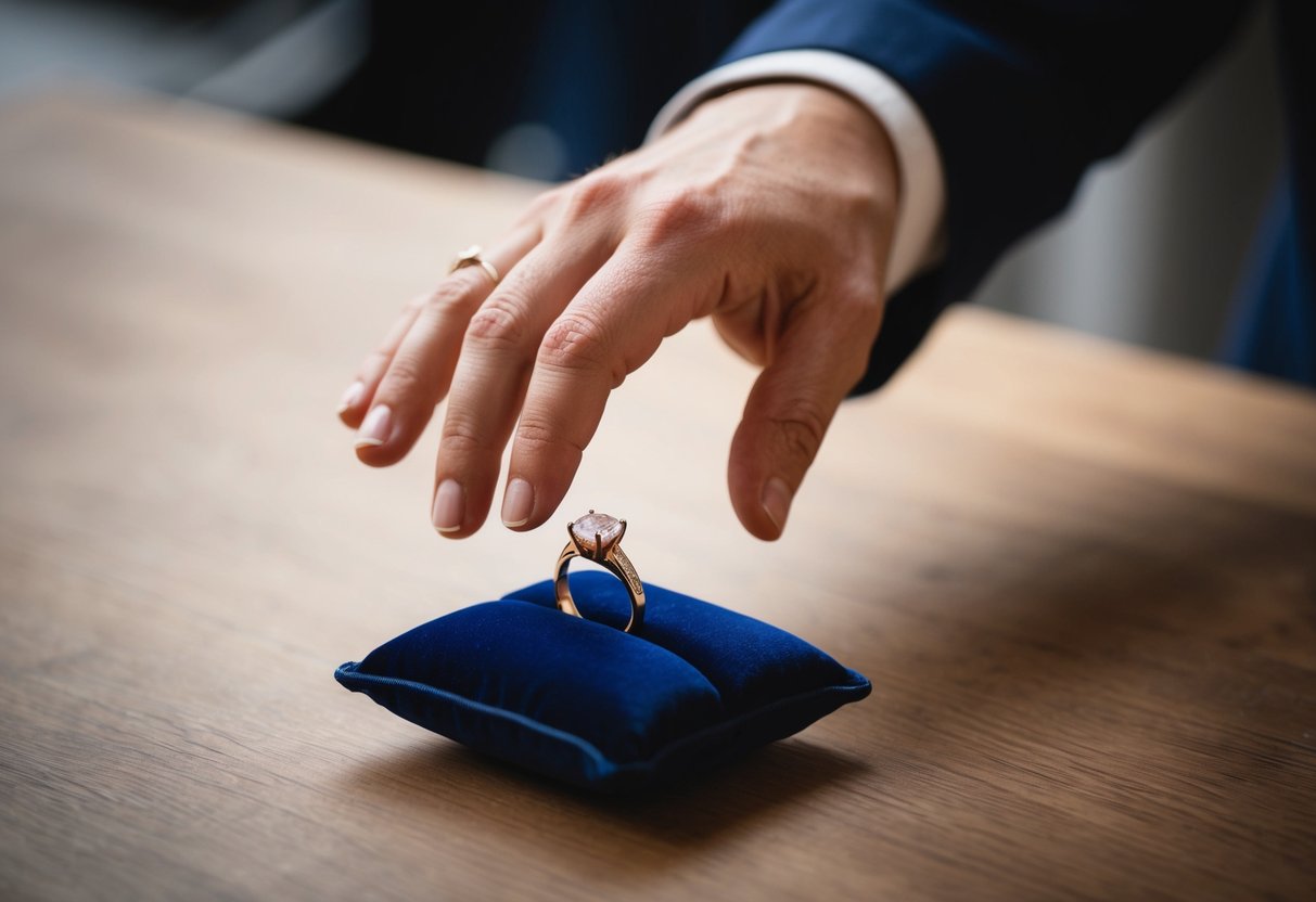 A hand reaches out to place a wedding ring on a velvet cushion