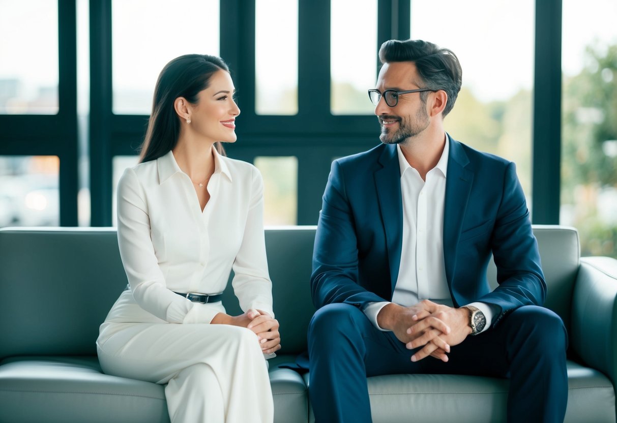 A husband and wife sit together on a sleek, modern sofa, with the wife on the left side of her husband, both facing forward