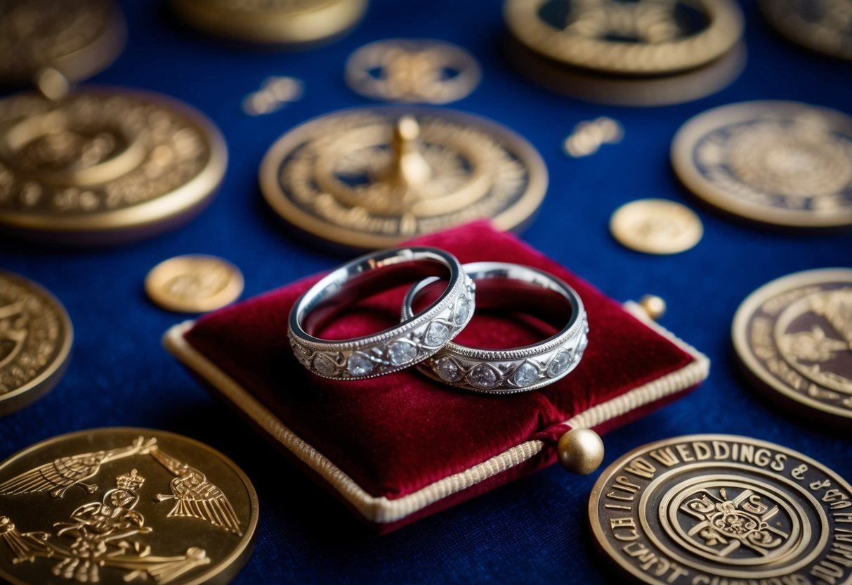 A pair of ornate wedding rings resting on a velvet cushion, surrounded by symbols of cultural and historical significance
