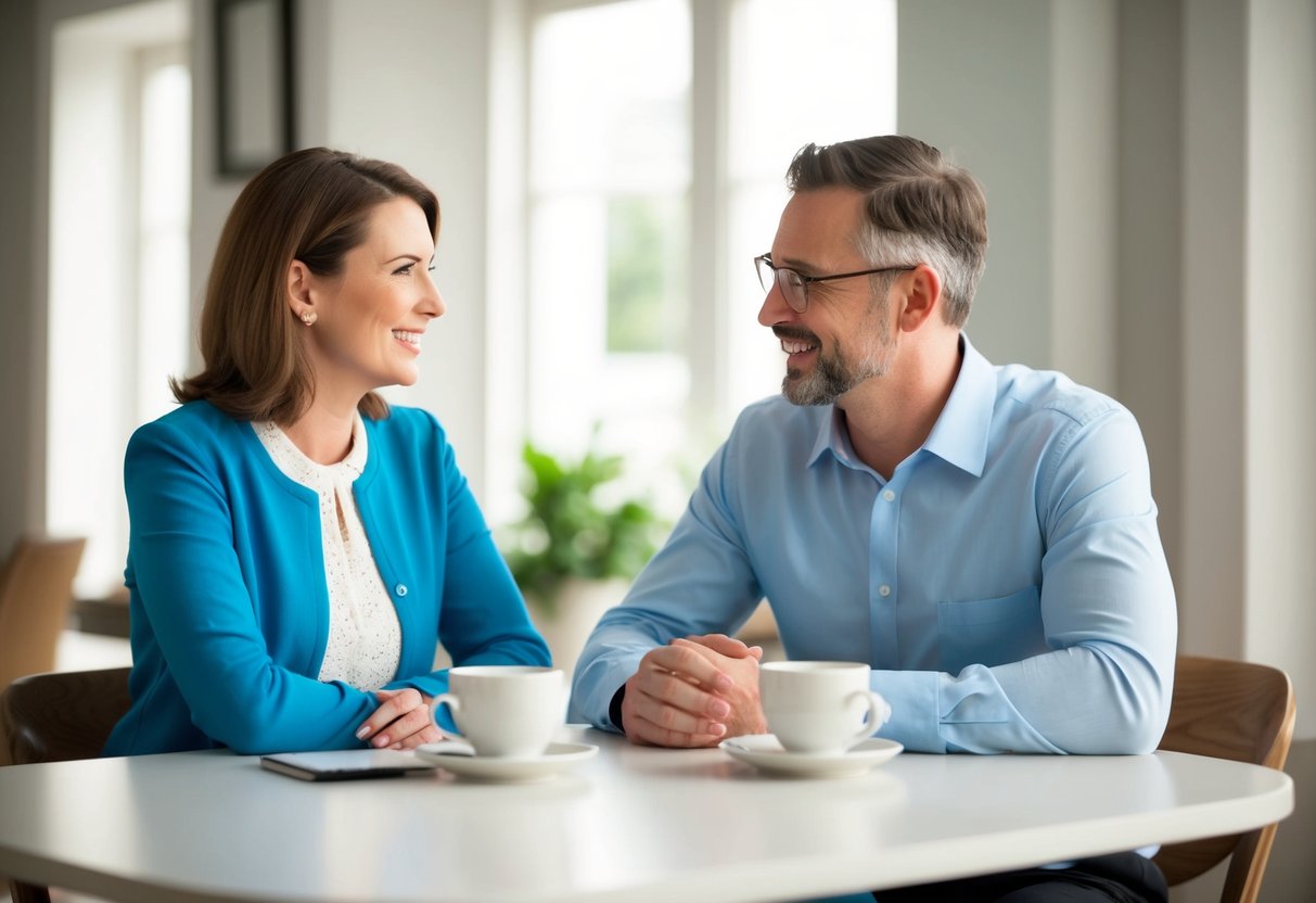A husband and wife sit at a table, the wife on the left of her husband, engaged in conversation