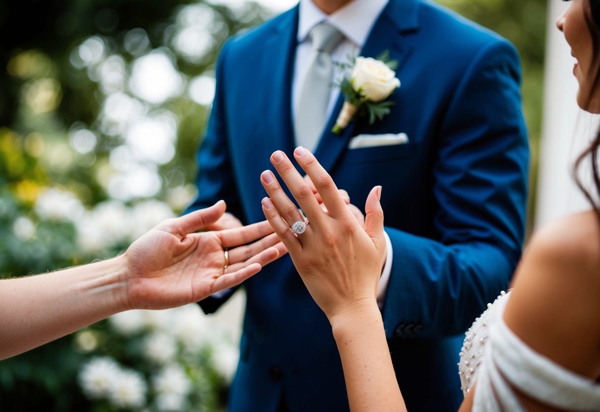A groom's hand holds a wedding ring, while the bride's hand reaches out to receive it
