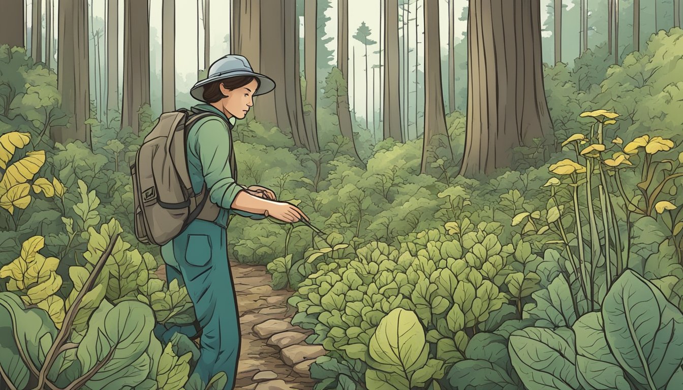 A person foraging in a forest, carefully inspecting and picking wild vegetables. A sign warns of potential risks and safety concerns