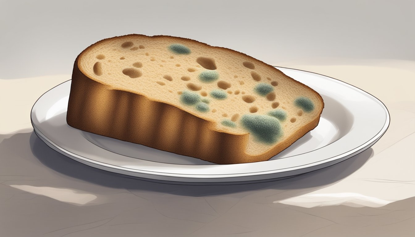 A piece of bread with visible mold on one corner, sitting on a clean, white plate