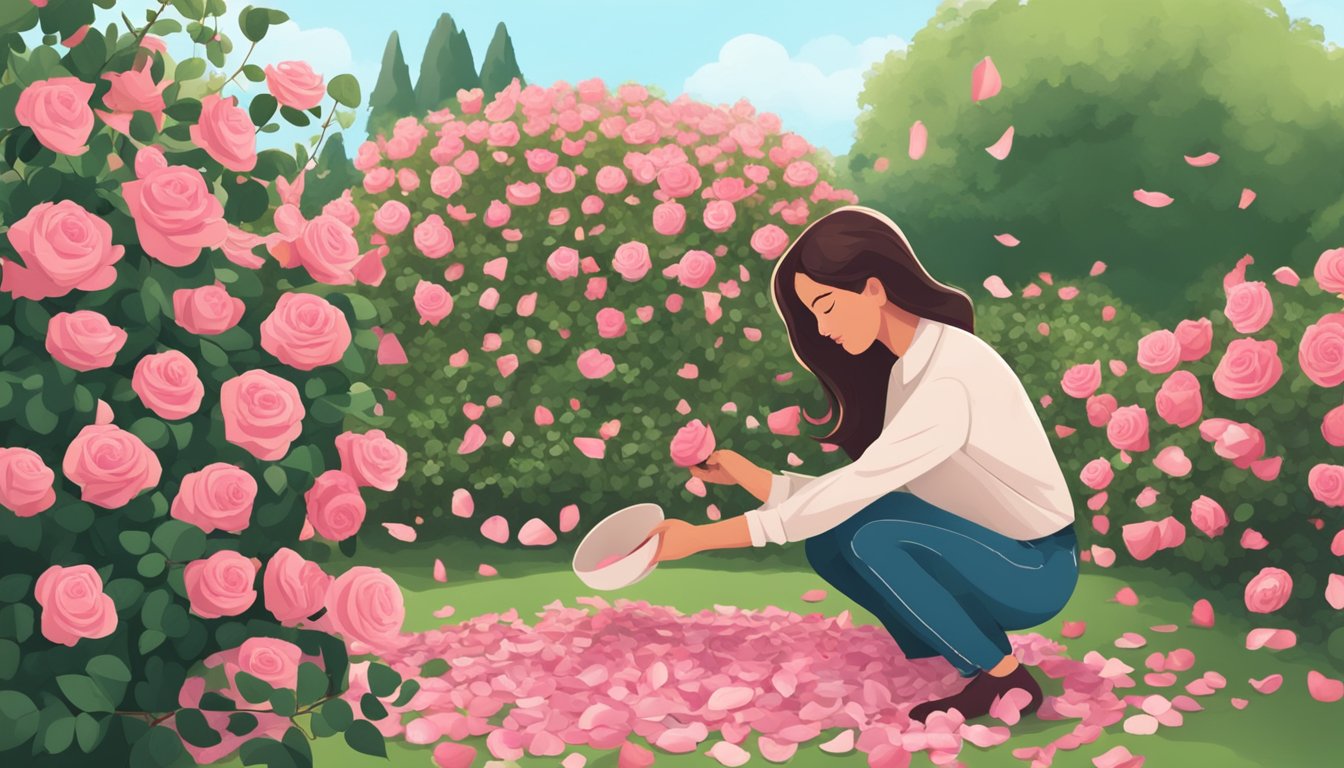 A garden with blooming rose bushes, a person carefully picking rose petals, and a bowl of fresh rose petals ready for consumption